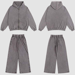 Ensemble survêtement streetwear personnalisé, sweat-shirt à capuche court et ample avec fermeture éclair, pantalon de survêtement, coupe régulière, unisexe, coton, décontracté, survêtement délavé à l'acide - Product Image 6