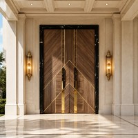 Porte d'entrée double en bois style Art déco avec incrustations dorées, porte extérieure en bois de luxe pour entrée de villa
