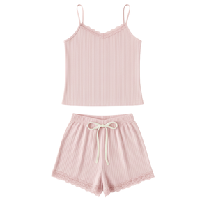 Ensemble décontracté pour femme : débardeur côtelé et short au-dessus du genou |   Ensemble de pyjama confortable pour la maison, 100% coton, séchage rapide - Product Image 1