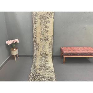 Turkish Vintage Runner Rug 2.2x9.3 ft, <b>Brown</b> <b>Wool</b> Rug - Product Image 1