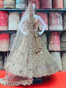 Sophisticated Winter Bride's Indian Pakistani Clothing Mirror Jarkan Stones Embellished Bridal Lehenga Choli Long Blouse Dupatta - Product Image 2