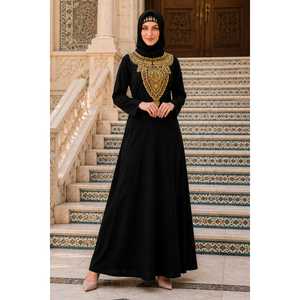 Abaya droite modeste en satin AY-807 avec col brodé main or et cuivre, taille naturelle en satin - Product Image 1