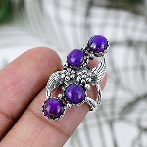 Anello in <span class=keywords><strong>Argento</strong></span> Sterling <span class=keywords><strong>925</strong></span> Fatto a Mano Stile Bohemien con Gemma Naturale Turchese Viola in Rame, Montatura a Castone, Certificato da Terze Parti - Product Image 2