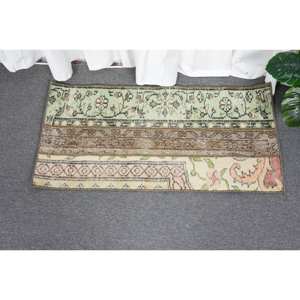 Tapis Vintage en Laine Turque de 1.6X3,2 pieds, Design Patchwork Beige et Vert, Tapis de Salon Tissage Plat avec Support en Latex - Product Image 1