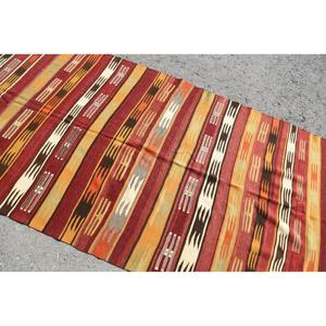 Vintage Large Rug 4.4x9.5 ft, Turkish Kilim <b>Red</b> Ikat <b>Wool</b> Rug - Product Image 5