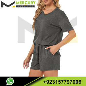 Women's Gray V-Neck Short Sleeve Top And Shorts <b>Set</b> Loose Fit Casual Summer Outfit With Pockets Breathable <b>Knitted</b> Fabric - Product Image 6