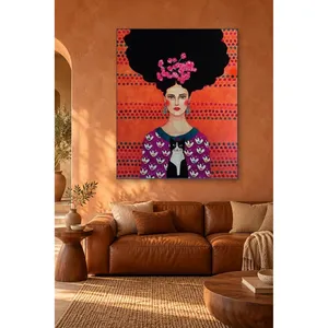 Fida Woman avec illustration d'un chat noir et blanc sur fond orange, impression sur toile - Product Image 1