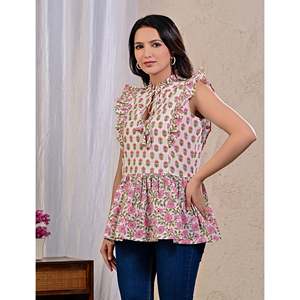 White Breathable Cotton Fabric <b>Top</b> Butta Jaal Printed Casual Tank Halter Collar <b>Cross</b> One Fits All XS Included for Daily - Product Image 4