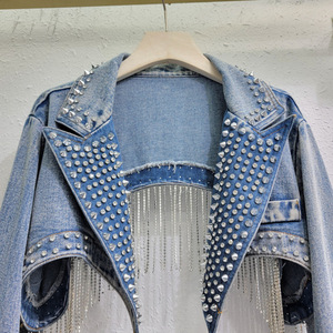 Chaqueta Vaquera Desgastada Azul para Mujer, Invierno, al por Mayor, con Pedrería, Chaqueta Vaquera Larga Informal de Algodón, Holgada, Unisex - Product Image 1