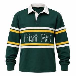 University Long Sleeve <b>Polo</b> <b>Shirt</b> <b>Green</b> White Yellow Striped Cotton Knitted <b>Men's</b> Casual Breathable Front Logo - Product Image 1