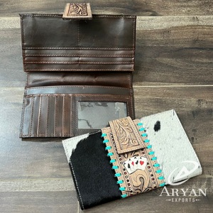 Hot Sale Hand Tooled Hair-On Genuine Leather Turquoise <b>Wallet</b> Western Multifunctional Cow Leather <b>Card</b> <b>Holder</b> Aces Bifold <b>Wallet</b> - Product Image 1