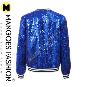 Girls <b>Sequin</b> Bomber <b>Jacket</b> Breathable Cotton Canvas Zip-Up Shiny Long Sleeve Flight Royal Blue Quilted Detachable Hat Hip Hop - Product Image 2