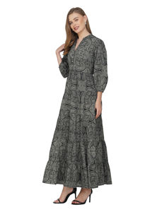 Sati Factory femmes décontracté été Maxi robe col en v manches longues noir gris Paisley motif chute de taille à plusieurs niveaux Flare - Product Image 4