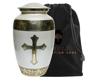 Urna de cremación blanca y dorada con urna funeraria cruzada para adultos para cenizas humanas, urna conmemorativa religiosa con diseño de hoja grabada - Product Image 4