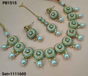 Redondo elegante indio elegante tradicional Kundan gota tono dorado Kundan perla gargantilla collar pendiente conjunto con Mangtikka mujeres y niñas - Product Image 4