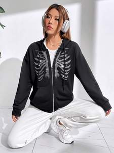 Sudaderas con capucha de gran tamaño con esqueleto de diamantes de imitación y cremallera para mujer, ropa informal transpirable cómoda, sudaderas con capucha de invierno para mujer - Product Image 5