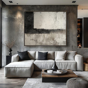 Arte de lienzo abstracto inspirado en Wabi-Sabi contemporáneo Tema de borde de Silencio negro y gris para sala de estar - Product Image 4