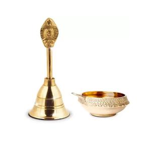 Calidad superior de latón indio kuber Diya y naag ghanti lámpara de latón Diya y conjunto combinado de campana puja Diya estilo indio - Product Image 5