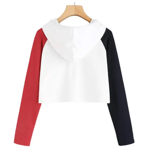 Women's Color Blocked Hooded <b>Crop</b> <b>Top</b> Full Sleeve Casual Knitted Sweatshirt Autumn White <b>Red</b> Black Long Sleeve - Product Image 4