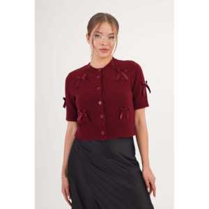 Wholesale Women's <b>Burgundy</b> Short Sleeve Knitted <b>Cardigan</b> Bow Ribbon Design - Product Image 3