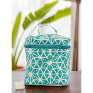 Blue Star Block Printed Cotton Travel <b>Vanity</b> <b>Case</b>-Bohemian Geometric <b>Makeup</b> Organizer Bag - Product Image 1