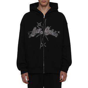 Sudadera con capucha de gran tamaño para hombre, sudadera térmica de algodón 100% con capucha de diamantes de imitación con estampado de tela francesa para invierno - Product Image 1