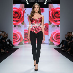 Sweetheart Neckline Sexy Womens Red Floral Print Satin <b>Corset</b> With Front Busk Closure - Product Image 3