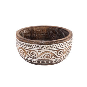 Creative Handmade Round Serving Bowl Solid Mango Wood <b>Hand</b> Carved Tribal Ethnic Swirl Pattern White <b>Wash</b> Finish Fruit Bowl - Product Image 1