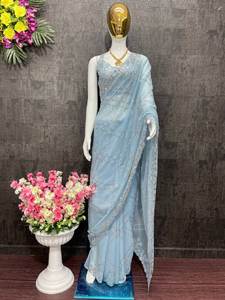 ÚLTIMOS SAREES DE GEORGETTE DE SEDA DE DISEÑO PARA FIESTAS Y OCASIONES ESPECIALES CON LENTEJUELAS Y TRABAJO LISO PARA MUJER - Product Image 4