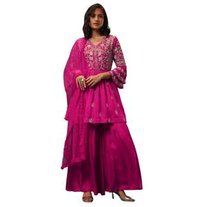 Rani Pink Silk Kurta Sharara Set con bordado Resham y Dupatta para fiesta de recepción de boda traje de fiesta - Product Image 3