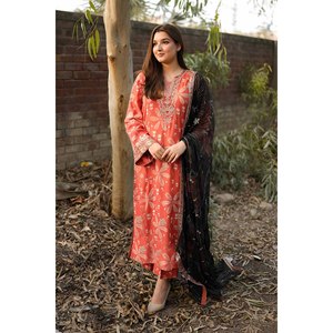 ANEELAS 3-PC Chiffon Lawn Printed Shirt Dupatta and <b>Trousers</b> Set with <b>Silk</b> Print-BIC-048 - Product Image 1