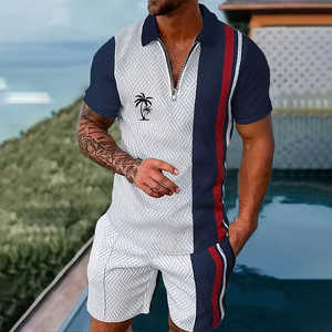 Polo à manches courtes pour hommes, ensemble de 2 pièces avec impression numérique, ensemble de chemise de rue décontracté pour les vacances et les sports de plein air, ensemble de 2 shorts polo - Product Image 3