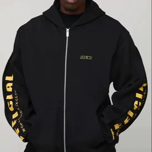 Sudadera con Capucha Negra, Cierre Completo, Bordada, con Estampado Digital, Tejida, 2025, Oversize, Unisex, para Hombre, Invierno, Transpirable, Poliéster/Algodón - Product Image 1