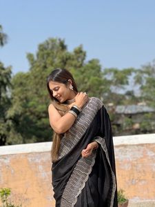 Último Sari de seda Vichitra negro brillante exclusivo con blusa exclusiva indio nupcial fiesta clásica Ropa Étnica mujer Sari - Product Image 5