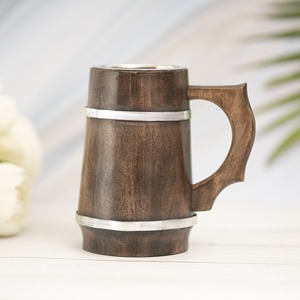 Chope à bière en bois artisanale personnalisée de 20 oz, style ancien, en acier inoxydable, en provenance d'Inde - Product Image 6