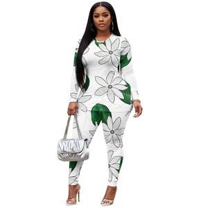 按需印花热带Tiare花夏威夷印花圆领上衣 & 松紧裤定制女性长袖瑜伽套装2件套 - Product Image 2