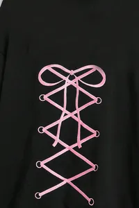 Women's Winter Black Hooded <b>Sweatshirt</b> with <b>Pink</b> Lace-Up Front and Ruffles Lolita Style Full Sleeve Zipper Design 100% Cotton - Product Image 3