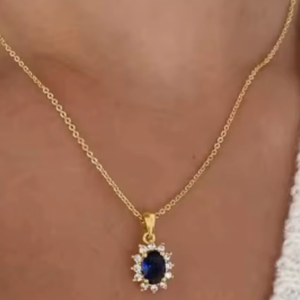 Ensemble de pierres précieuses en argent sterling plaqué or et tanzanite CZ fait à la main pendentif tendance avec chaîne forme ovale lunette 5X7MM pour femmes - Product Image 1