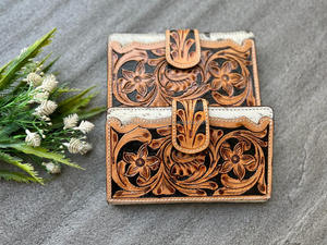 Pochette en cuir de vachette usiné à la main portefeuille à découper sac à main multi-usages portefeuille en cuir véritable porte-cartes à deux volets - Product Image 3