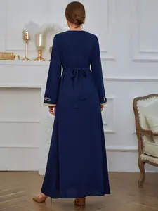 Customized Women's Polyester Fit Flare Long Sleeve Maxi <b>Dress</b> Floral Embroidered Muslim <b>Dress</b> <b>Belt</b> Floor-Length Woven Decoration - Product Image 3
