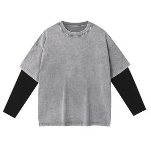 Bonne qualité nouveauté OEM Logo imprimé Vintage coton lavé à l'acide Double couche T-shirt à manches longues pour hommes livraison DDP - Product Image 4