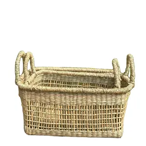 Rectangular Storage Seagrass Hand Woven Basket with Handles for Home and Closet Organization
