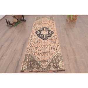 Turkish Vintage Runner Rug 2.6x8.2 ft, <b>Brown</b> Blue Plants & trees <b>Wool</b> Rug - Product Image 1