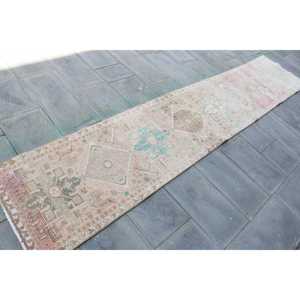 Turkish Vintage <b>Runner</b> Rug 2.3x11.3 ft, Pink <b>Green</b> Moroccan Wool Rug - Product Image 3