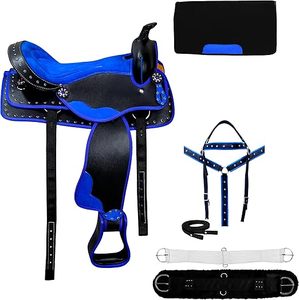 Sillines Western Trail grabados de alta calidad Cuero genuino Azul Logotipo personalizado Embalaje personalizado Tamaños personalizados Sillín bajo MOQ - Product Image 3