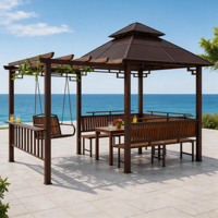 Ensemble de balançoires et de table à manger pour extérieur avec toit rigide en aluminium |   Gazebo de jardin résistant aux intempéries pour 6 personnes avec table et balançoire pour la cour de villa