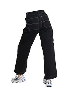 Pantalon cargo en denim noir taille haute pour hommes, coupe ample, couleur unie, style décontracté, tissu en coton mi-lourd, vêtements d'automne - Product Image 2