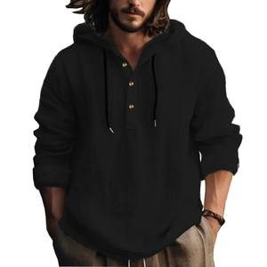 24 nouveaux hommes coton et lin grande taille pull décontracté à capuche coupe ample à manches longues à capuche - Product Image 2