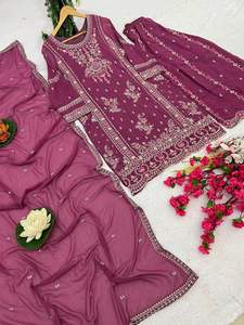 เสื้อใส่ไปปาร์ตี้ของผู้หญิงสินค้าออกแบบอินเดียเสื้อใส่ไปปาร์ตี้หนักทำจากผ้าไหมผ้าจอร์เจียและเสื้อปักลายแนวพาลาซโซ - Product Image 4