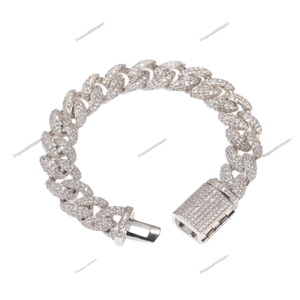 12mm Micro inlay 3D Iced Cuban Link Bracelet in White Gold Plating Sterling <b>Silver</b> <b>Men</b> Bracelet Customized for Indian Suppliers - Product Image 1